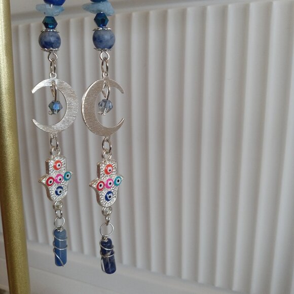 Tarnish Free Brass Silver Plated Crescent Moon Earrings With Multicolored Evil E - Picture 1 of 12